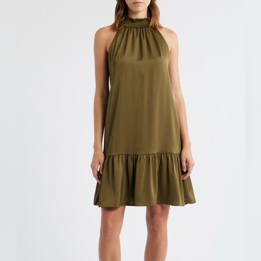 Vince Camuto Women's Satin Ruffled A-Line Halter Dress Olive Green Size 16 NWI